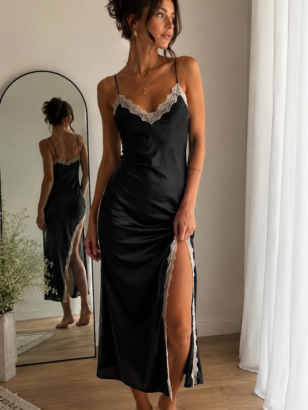 Vintage Black Satin Lace Trim Maxi Slip Dress